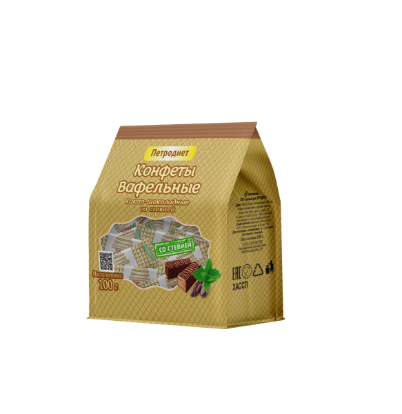 Конфеты вафельные Петродиет на фруктозе какао-шоколадные со стевией 100гр фотография