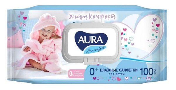 Aura влажные салфетки для детей Ультра Комфорт с алоэ и витамином E с клапаном 100шт фотография